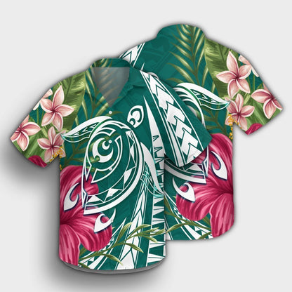 Hawaii Polynesian Turtle Tropical Hibiscus Plumeria Hawaiian Shirt - Turquoise - AH