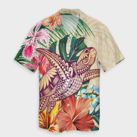 Hawaii Tropical Hibiscus Turtle Beige Hawaiian Shirt - AH