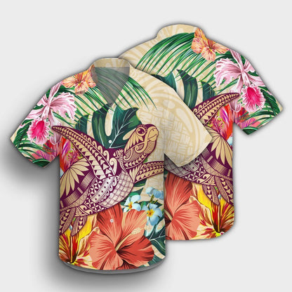 Hawaii Tropical Hibiscus Turtle Beige Hawaiian Shirt - AH