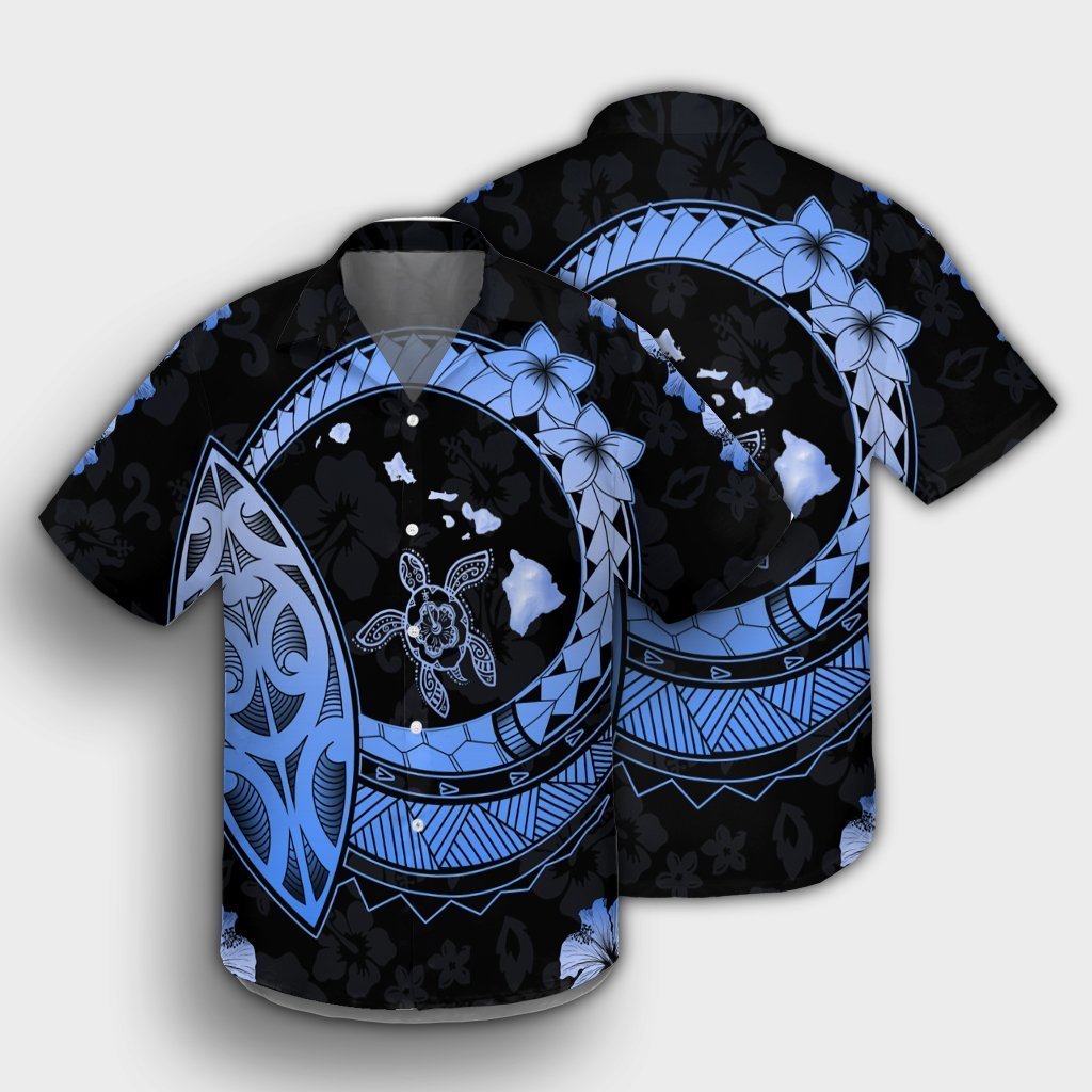 Hawaii Turtle Hibiscus Map Polynesian Hawaiian Shirt Blue - AH