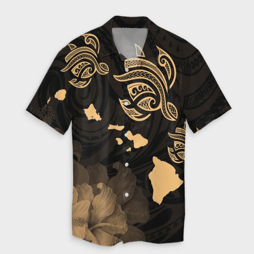 Hawaii Turtle Hibiscus Map Polynesian Hawaiian Shirt Gold - AH