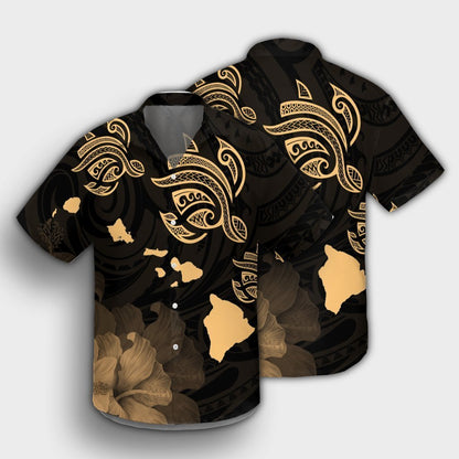 Hawaii Turtle Hibiscus Map Polynesian Hawaiian Shirt Gold - AH