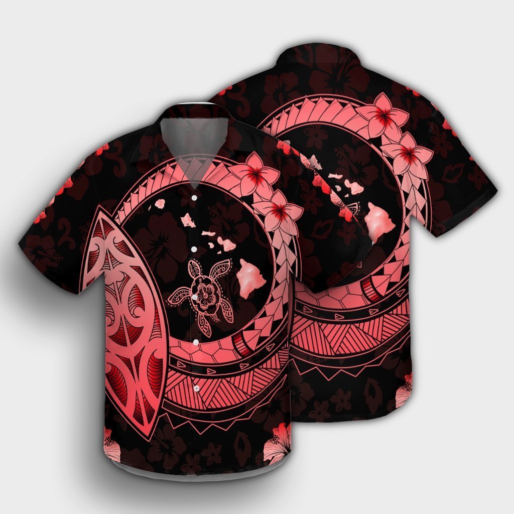 Hawaii Turtle Hibiscus Map Polynesian Hawaiian Shirt Red - AH