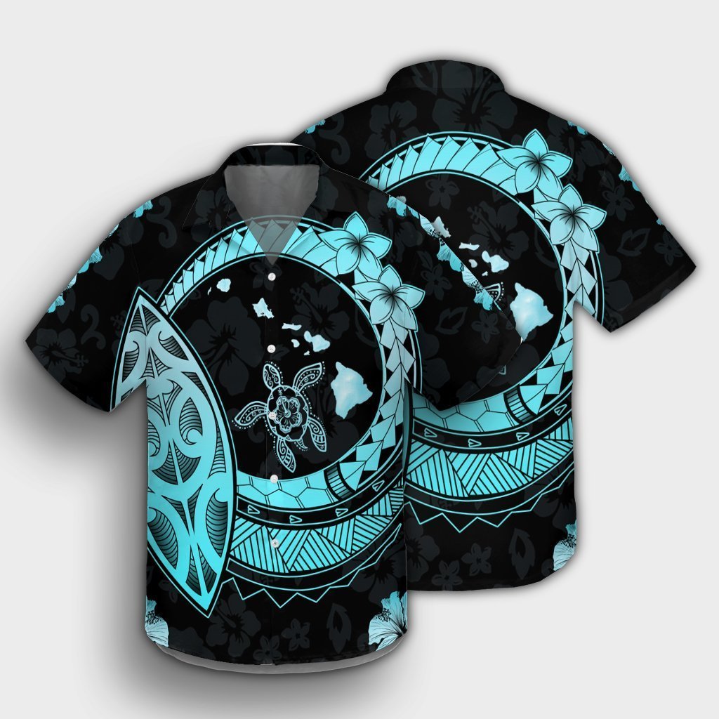 Hawaii Turtle Hibiscus Map Polynesian Hawaiian Shirt Turquoise - AH