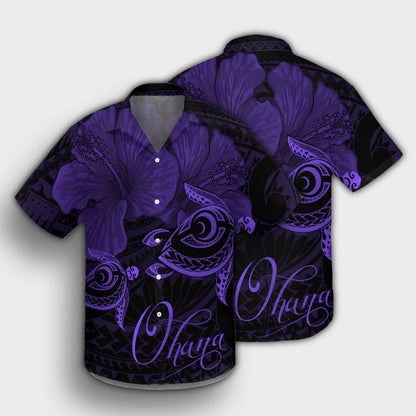 Hawaii Turtle Ohana Hibiscus Poly Hawaiian Shirt - Purple - AH