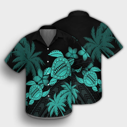 Hawaii Turtle Plumeria Coconut Tree Polynesian Hawaiian Shirt - Turquoise - AH