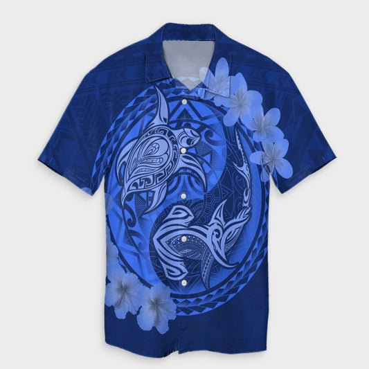 Hawaii Yin Yang Turtle Shark Hibiscus Plumeria Hawaiian Shirt  Blue  