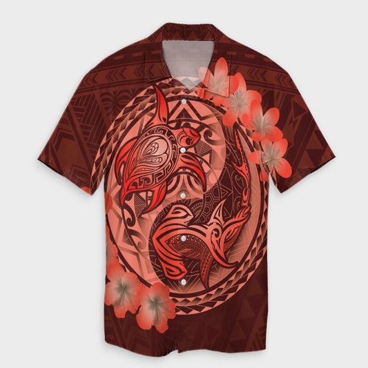 Hawaii Yin Yang Turtle Shark Hibiscus Plumeria Hawaiian Shirt  Orange  