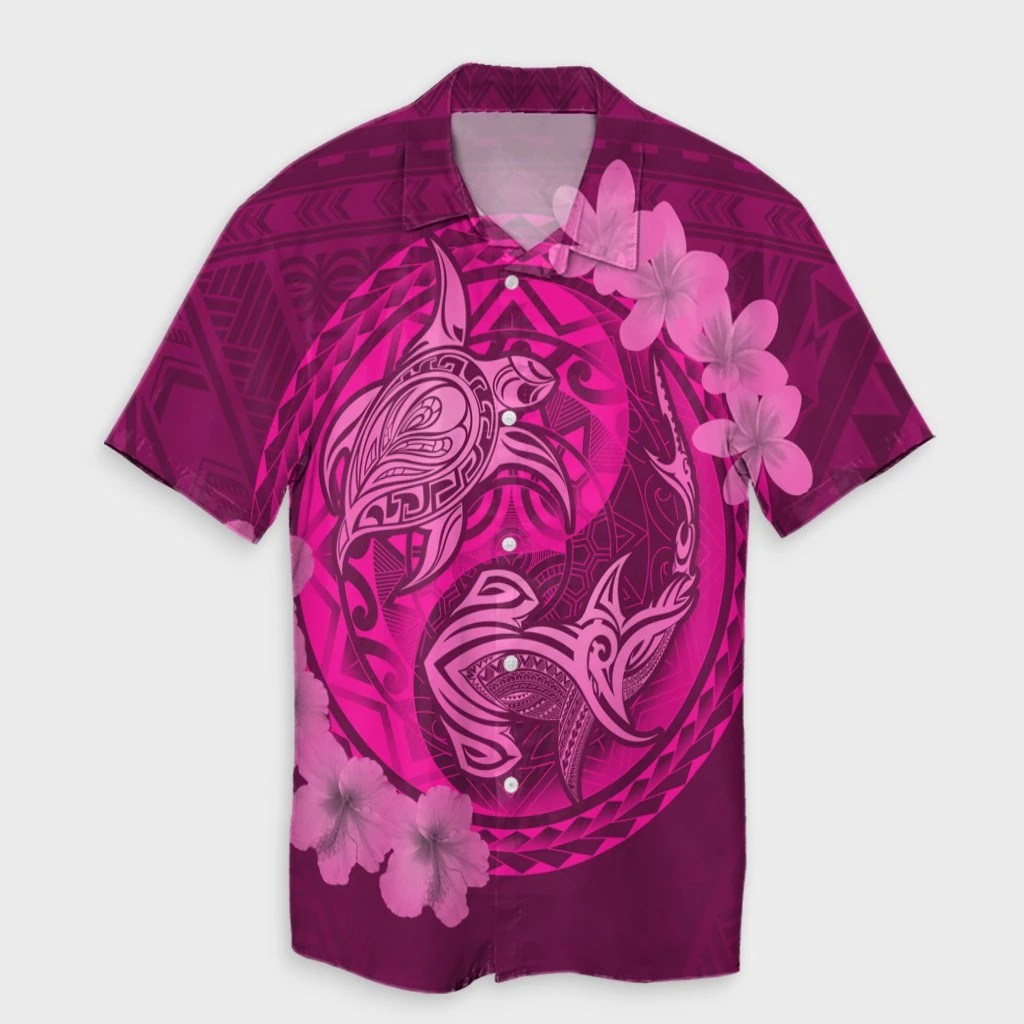 Hawaii Yin Yang Turtle Shark Hibiscus Plumeria Hawaiian Shirt  Pink  