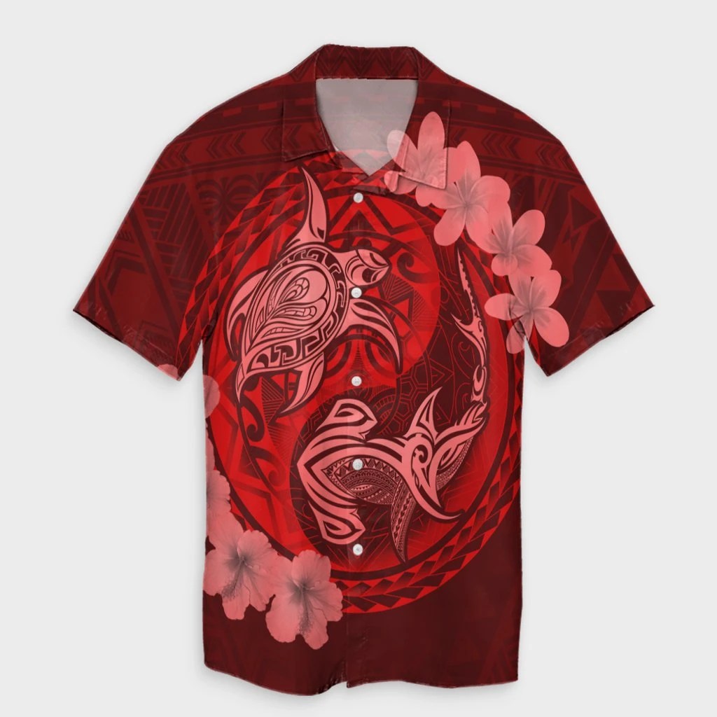 Hawaii Yin Yang Turtle Shark Hibiscus Plumeria Hawaiian Shirt  Red  