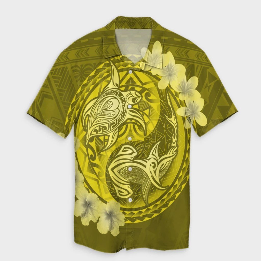 Hawaii Yin Yang Turtle Shark Hibiscus Plumeria Hawaiian Shirt  Yellow  