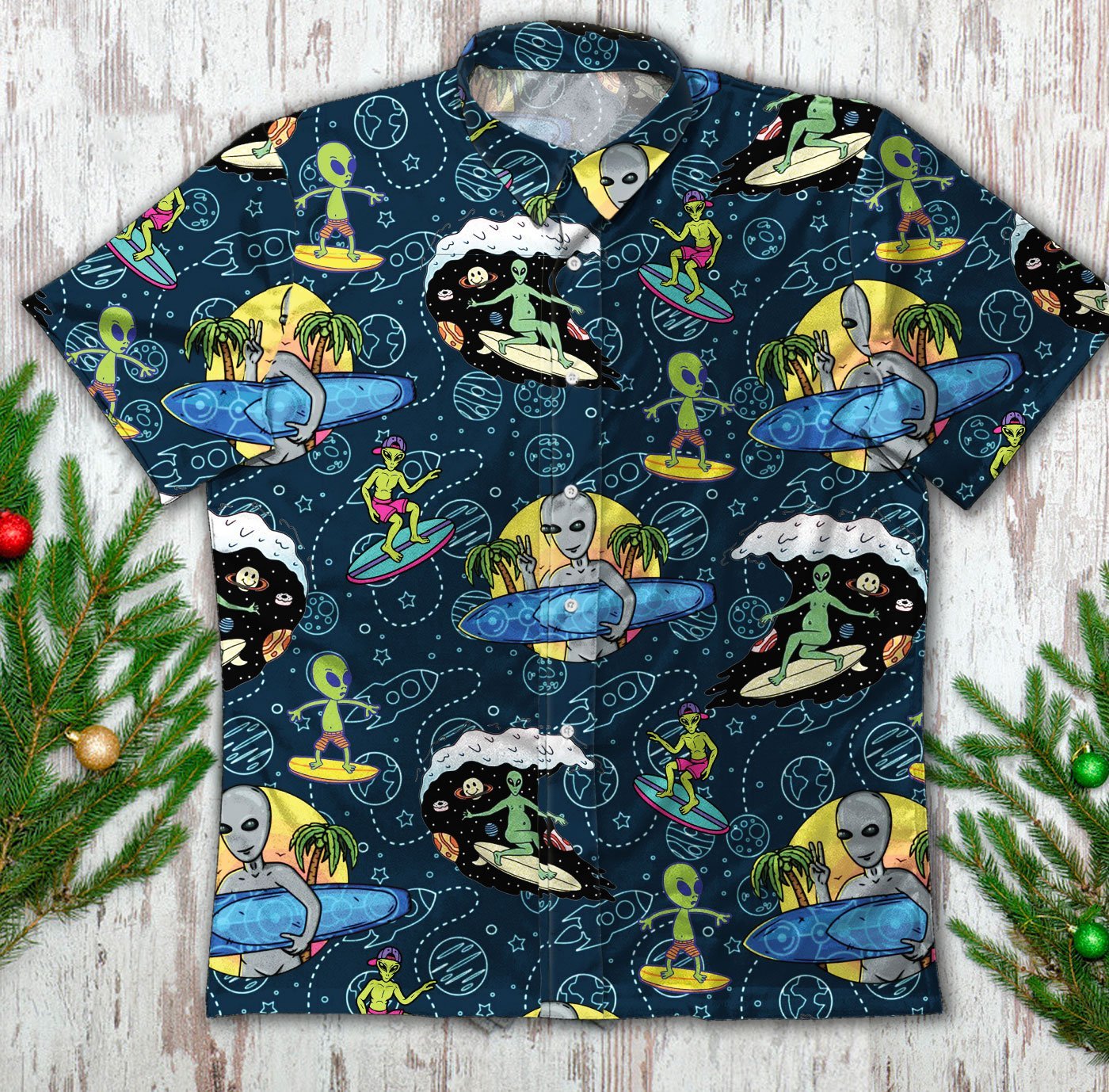 Alien Surfing Beach Summer Vintage Hawaiian Short Sleeve Button Up Shirt