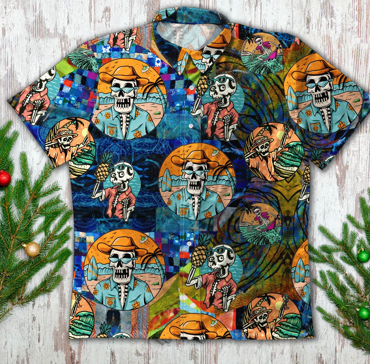 Skeleton Beach Vibe Vintage Hawaiian Short Sleeve Button Up Shirt