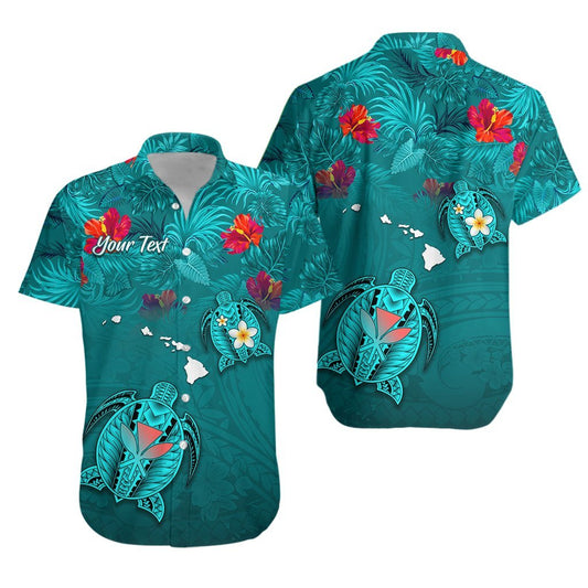 (Custom Personalised) Hawaiian Islands Hawaiian Shirt - Hawaii Tropical Flowers and Turtles Turquoise LT13