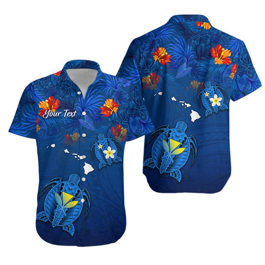 (Custom Personalised) Hawaiian Islands Hawaiian Shirt - Hawaii Tropical Flowers and Turtles Blue LT13