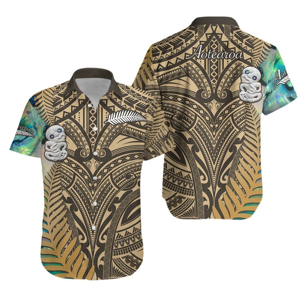 (NOTEXT) Simple Hawaiian Shirt Maori Hei Tiki and Paua Golden