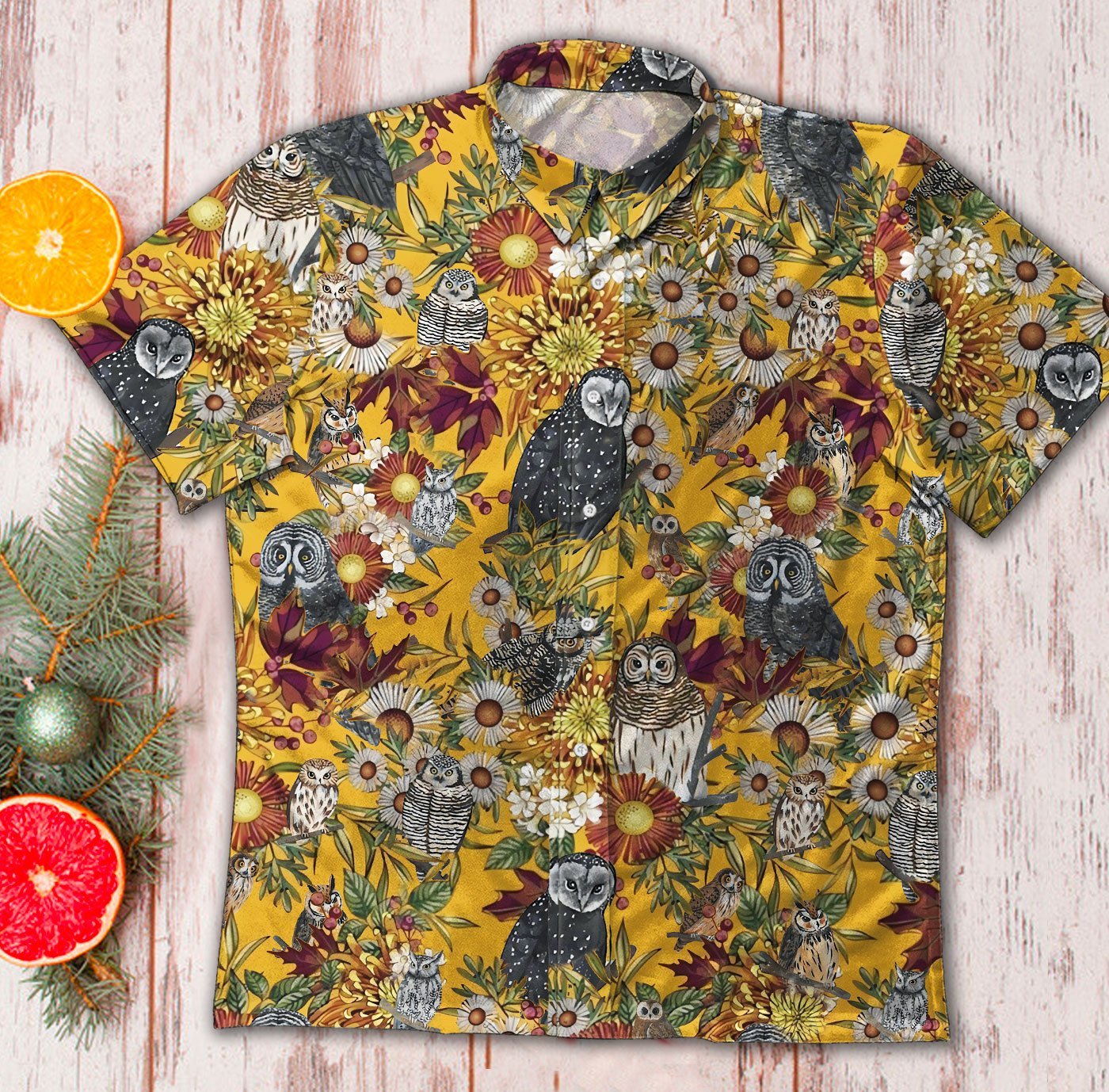 Owl On Branch Vintage Hawaiian Short Sleeve Button Up Shirt