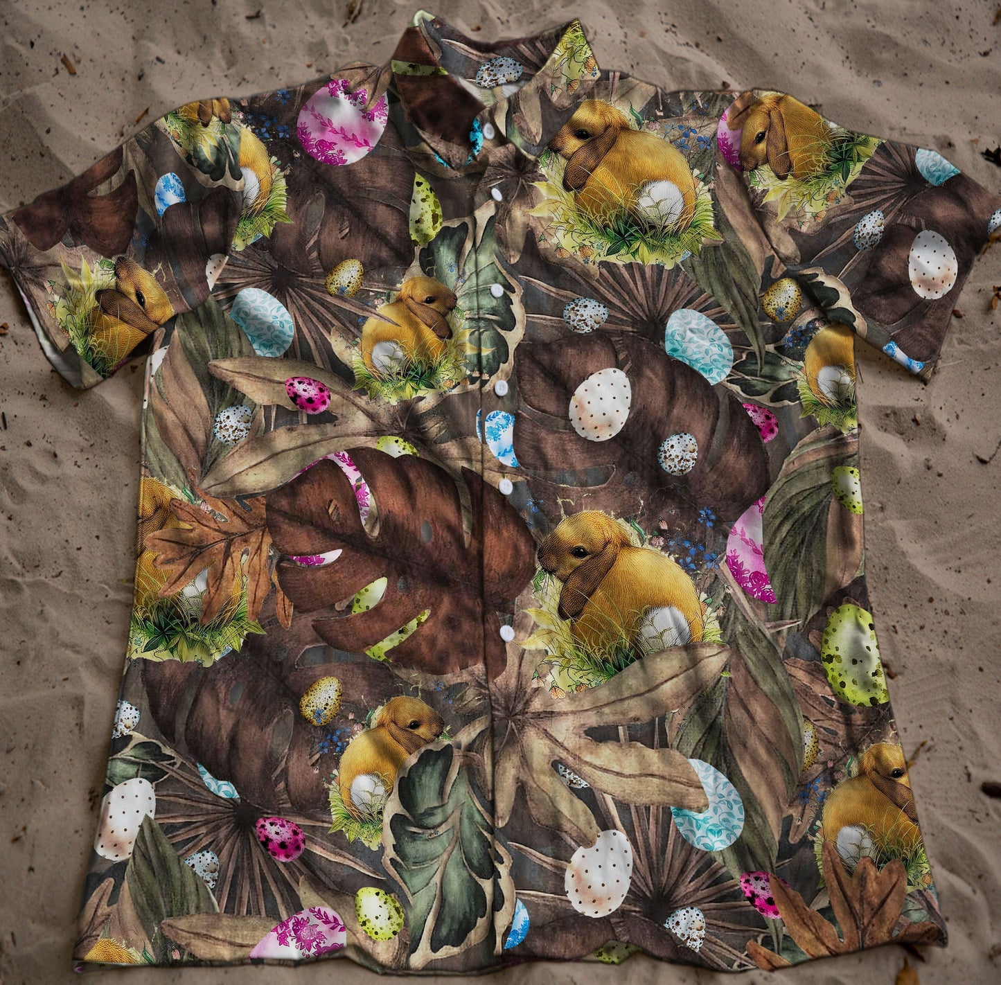 Happy Easter Day Bunny Vintage Hawaiian Short Sleeve Button Up Shirt