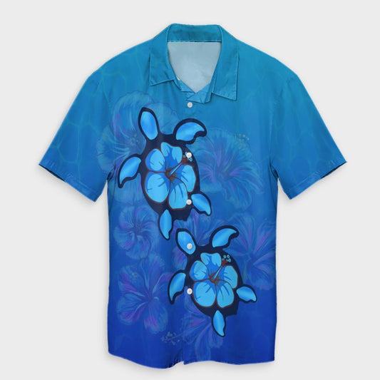 Hawaiian Blue Turtle and Hibiscus Polynesian Hawaiian Shirt - AH