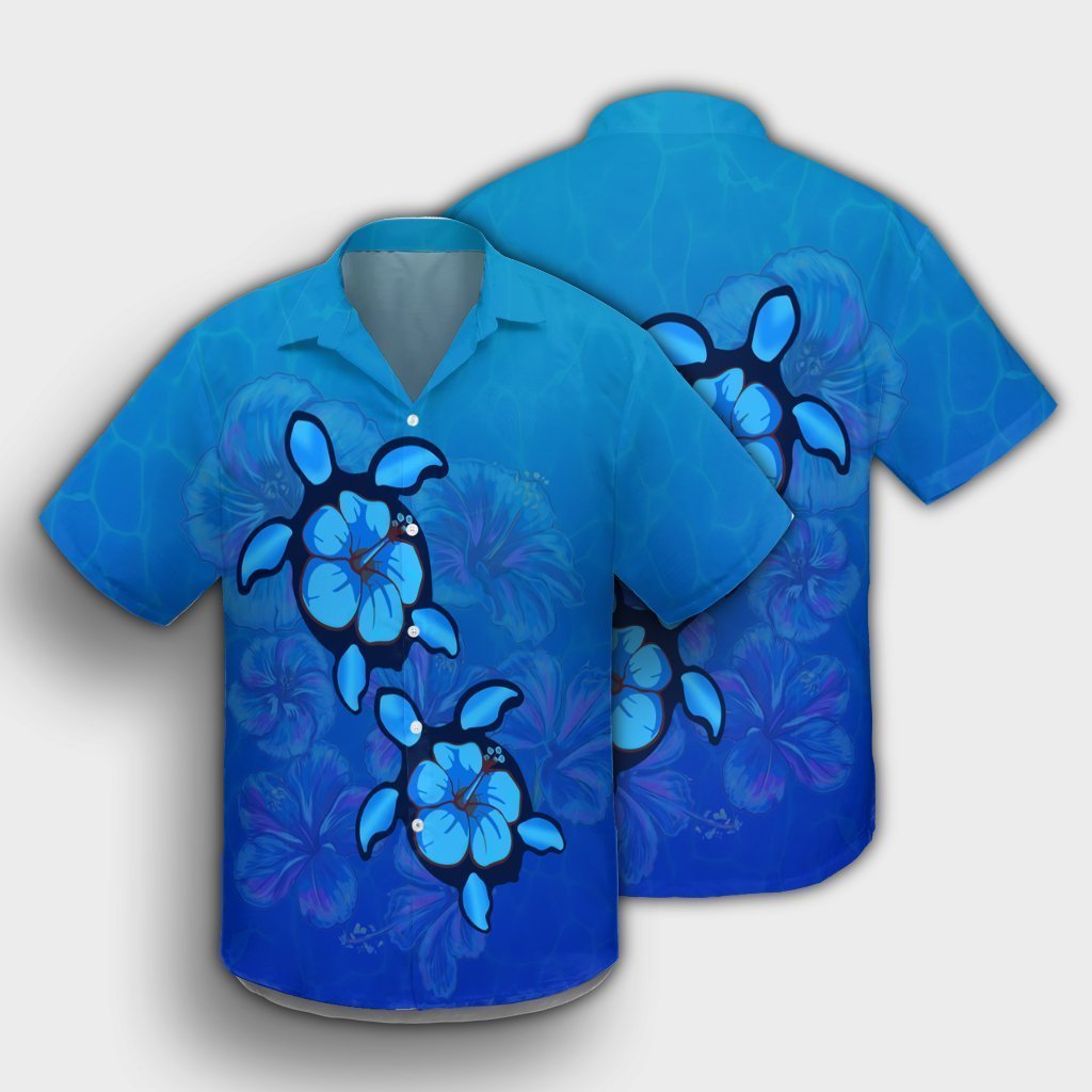 Hawaiian Blue Turtle and Hibiscus Polynesian Hawaiian Shirt - AH