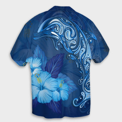 Hawaiian Dolphin Hibiscus Tropic Blue Polynesian Hawaiian Shirt - AH