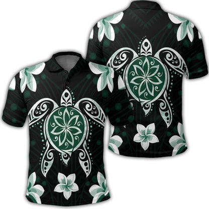 Hawaiian Greenie Turtle Plumeria Polo Shirt AH