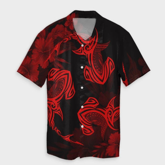 Hawaiian Hammerhead Shark Hibiscus Red Polynesian Hawaiian Shirt  