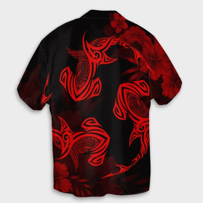 Hawaiian Hammerhead Shark Hibiscus Red Polynesian Hawaiian Shirt - AH