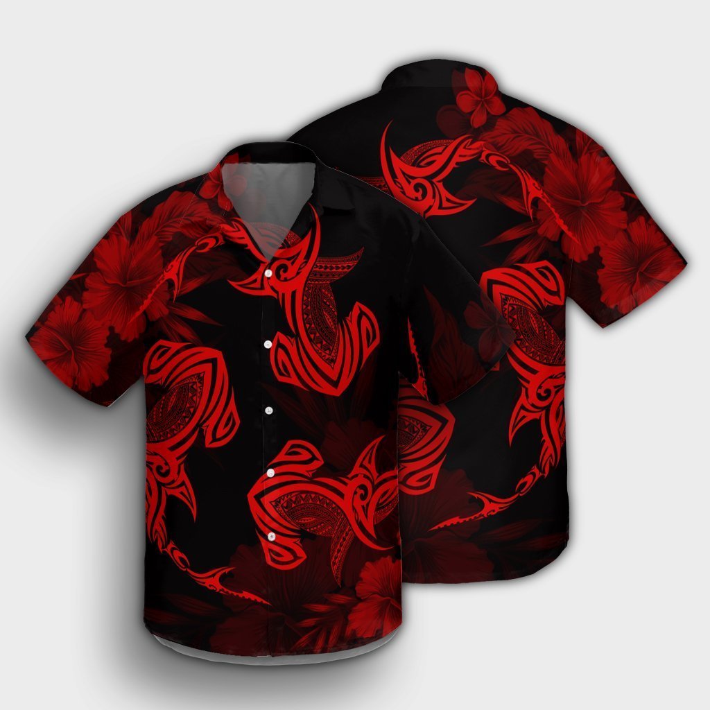 Hawaiian Hammerhead Shark Hibiscus Red Polynesian Hawaiian Shirt - AH