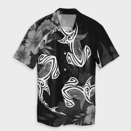 Hawaiian Hammerhead Shark Hibiscus White Polynesian Hawaiian Shirt  