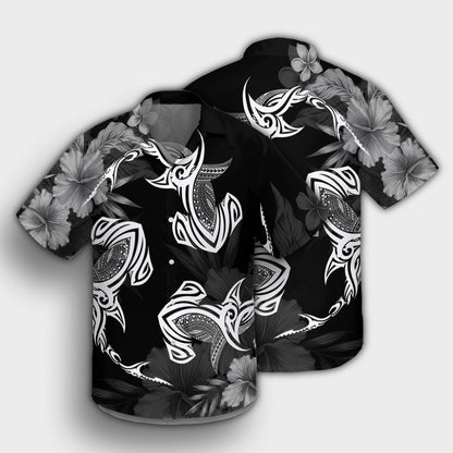 Hawaiian Hammerhead Shark Hibiscus White Polynesian Hawaiian Shirt - AH