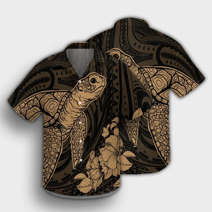 Hawaiian Hibiscus Memory Turtle Polynesian Hawaiian Shirt Gold - AH