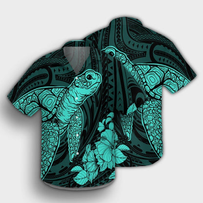 Hawaiian Hibiscus Memory Turtle Polynesian Hawaiian Shirt Turquoise - AH