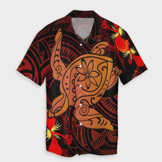 Hawaiian Hibiscus Plumeria Red Big Turtle Polynesian Hawaiian Shirt  