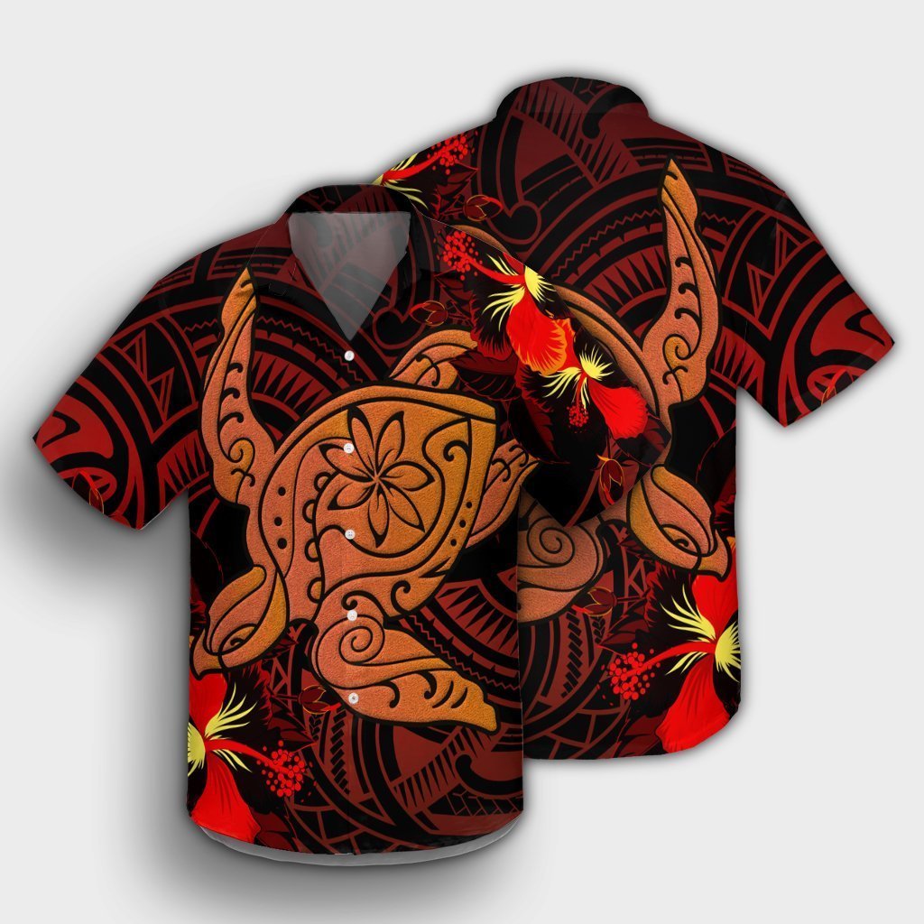 Hawaiian Hibiscus Plumeria Red Big Turtle Polynesian Hawaiian Shirt - AH