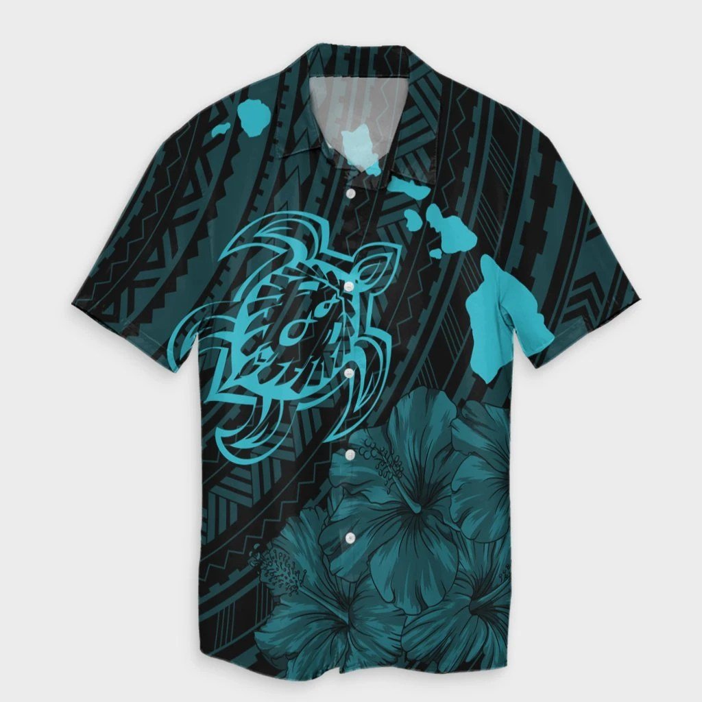 Hawaiian Hibiscus Sea Turtle Swim Polynesian Hawaiian Shirt  Blue  