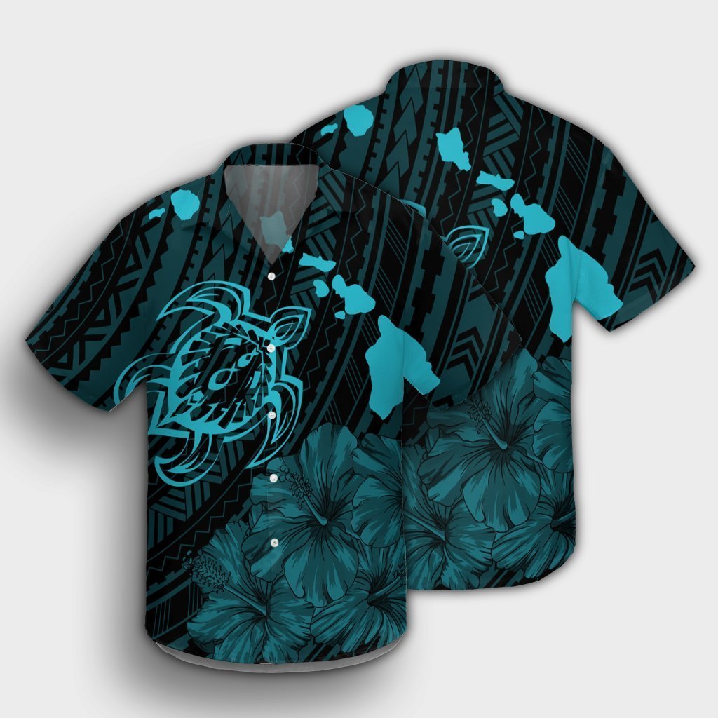 Hawaiian Hibiscus Sea Turtle Swim Polynesian Hawaiian Shirt - Blue - AH