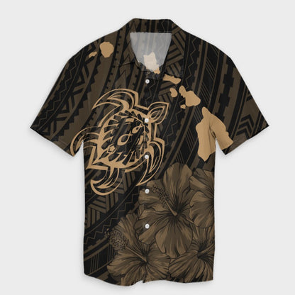 Hawaiian Hibiscus Sea Turtle Swim Polynesian Hawaiian Shirt - Gold - AH