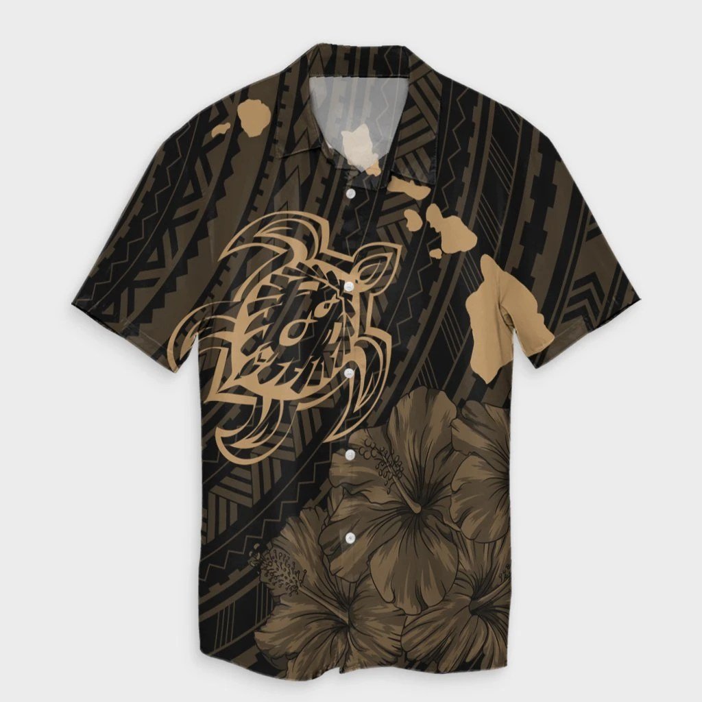 Hawaiian Hibiscus Sea Turtle Swim Polynesian Hawaiian Shirt  Gold  