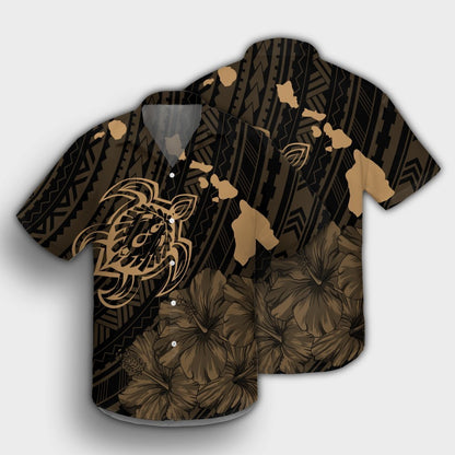 Hawaiian Hibiscus Sea Turtle Swim Polynesian Hawaiian Shirt - Gold - AH