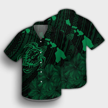 Hawaiian Hibiscus Sea Turtle Swim Polynesian Hawaiian Shirt - Green - AH