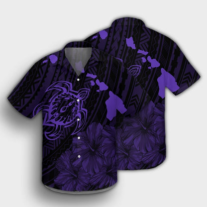 Hawaiian Hibiscus Sea Turtle Swim Polynesian Hawaiian Shirt - Purple - AH