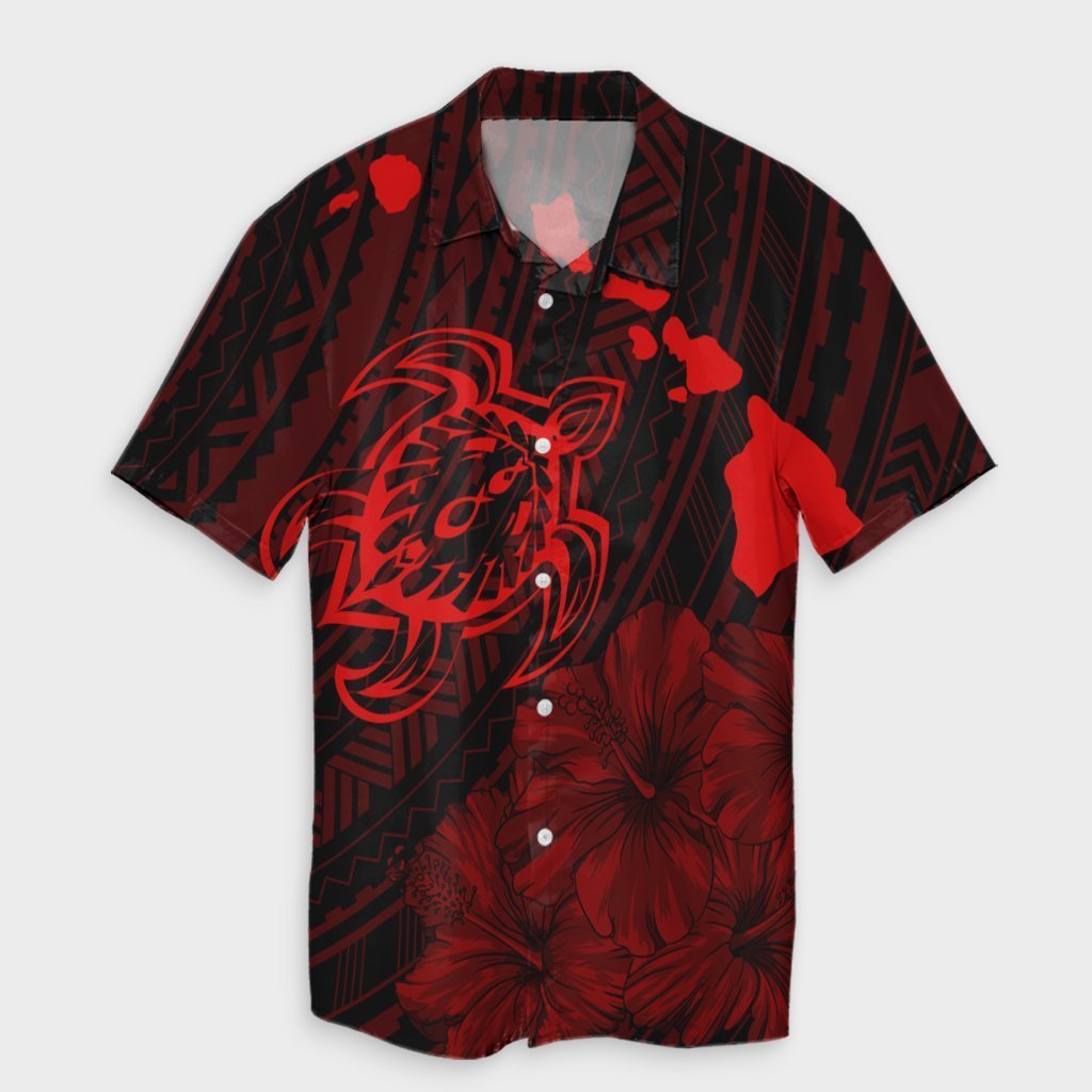 Hawaiian Hibiscus Sea Turtle Swim Polynesian Hawaiian Shirt - Red - AH