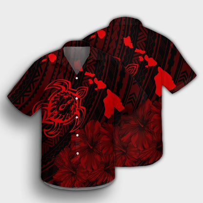 Hawaiian Hibiscus Sea Turtle Swim Polynesian Hawaiian Shirt - Red - AH