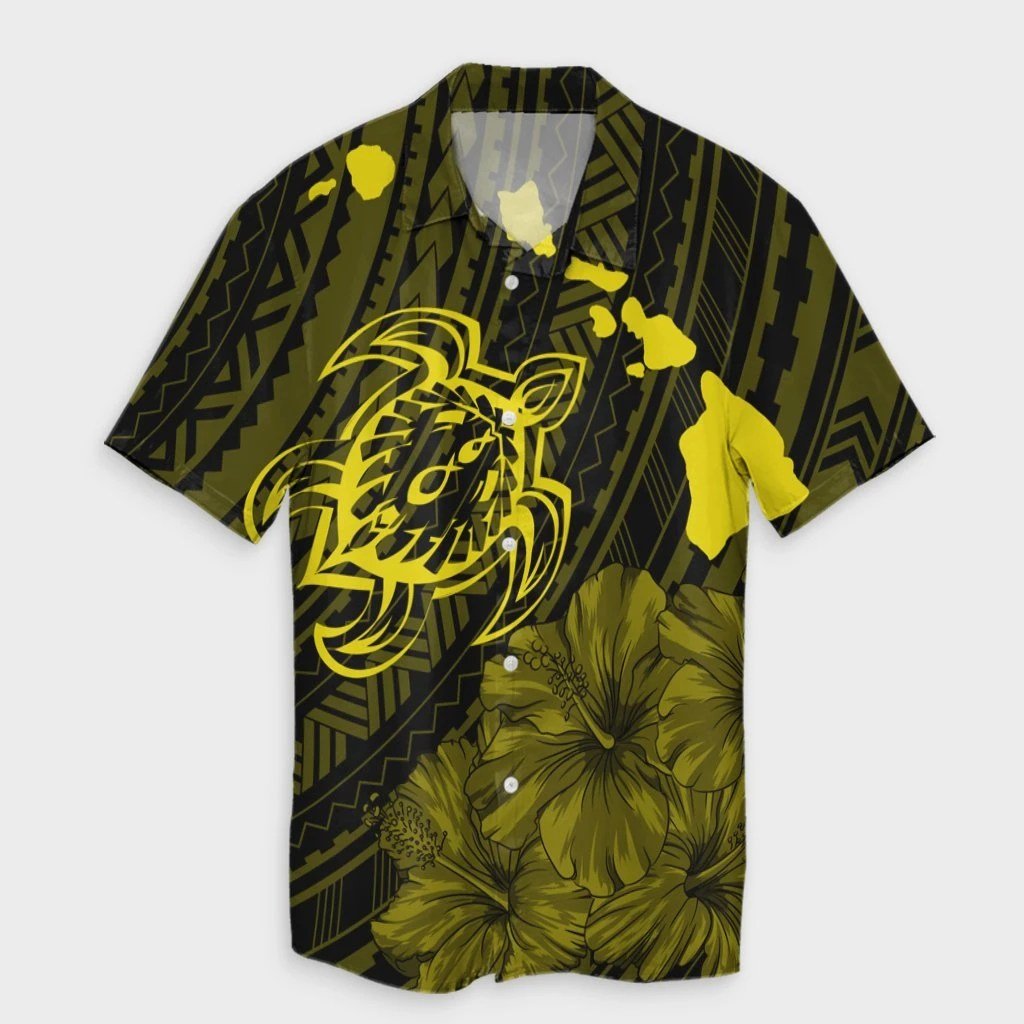 Hawaiian Hibiscus Sea Turtle Swim Polynesian Hawaiian Shirt  Yellow  