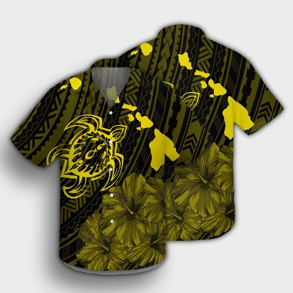 Hawaiian Hibiscus Sea Turtle Swim Polynesian Hawaiian Shirt - Yellow - AH