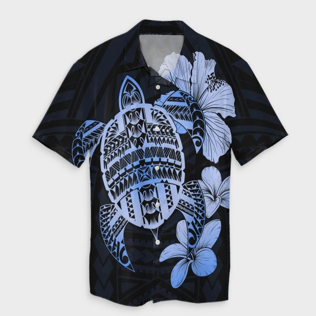 Hawaiian Kanaka Hibiscus Plumeria Mix Polynesian Turtle Hawaiian Shirt  Blue  