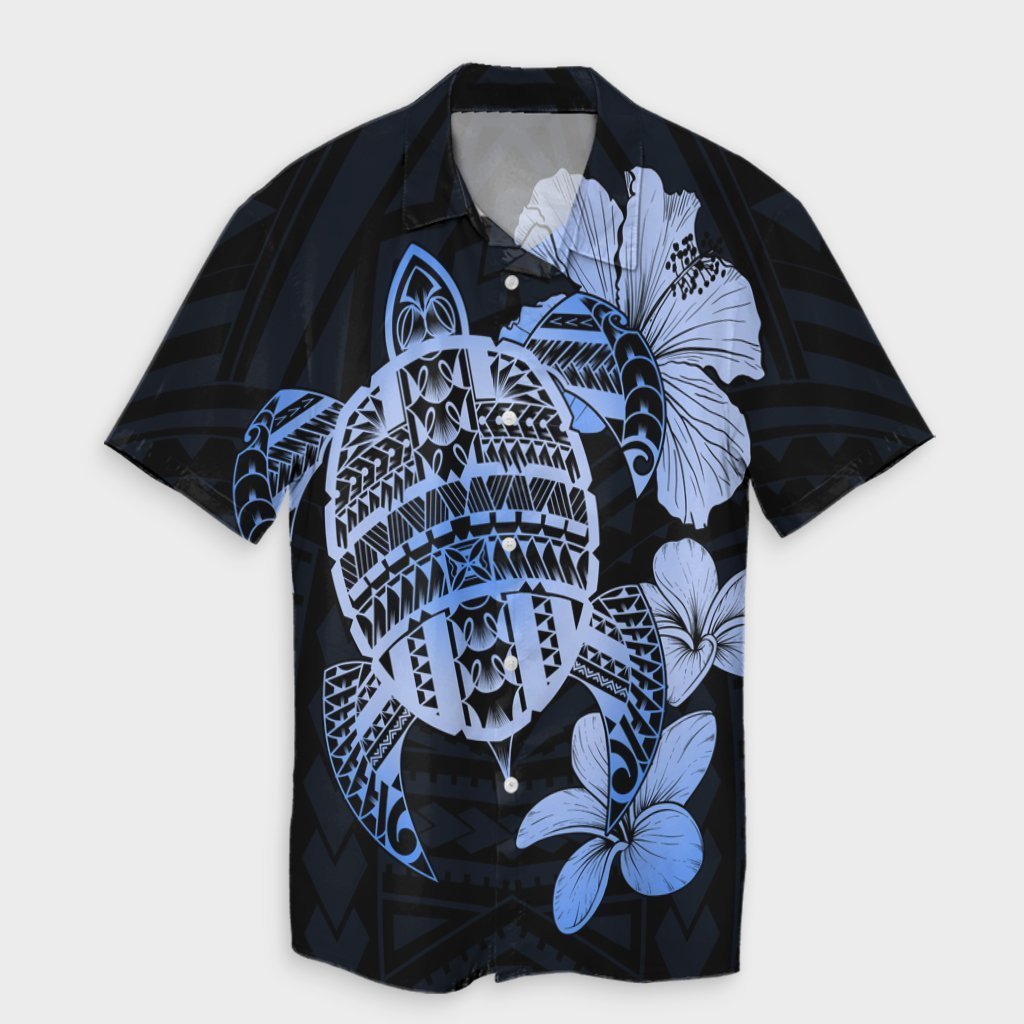 Hawaiian Kanaka Hibiscus Plumeria Mix Polynesian Turtle Hawaiian Shirt - Blue - AH