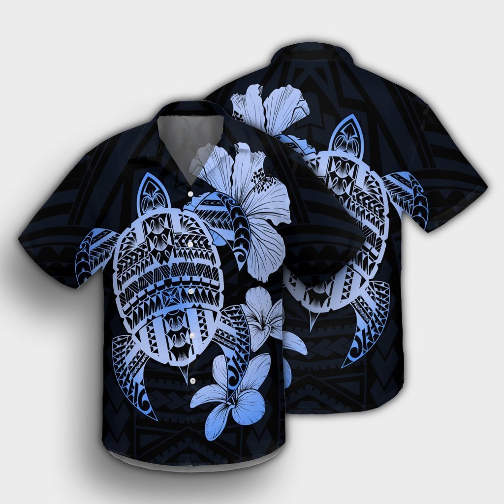 Hawaiian Kanaka Hibiscus Plumeria Mix Polynesian Turtle Hawaiian Shirt - Blue - AH