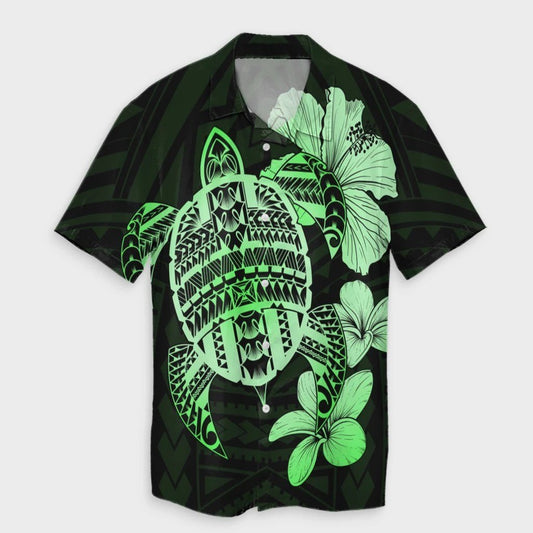 Hawaiian Kanaka Hibiscus Plumeria Mix Polynesian Turtle Hawaiian Shirt  Green  